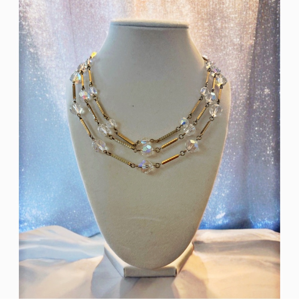 Vintage Vendome Aurora Borealis Crystal Necklace Gold Tone Station Necklace